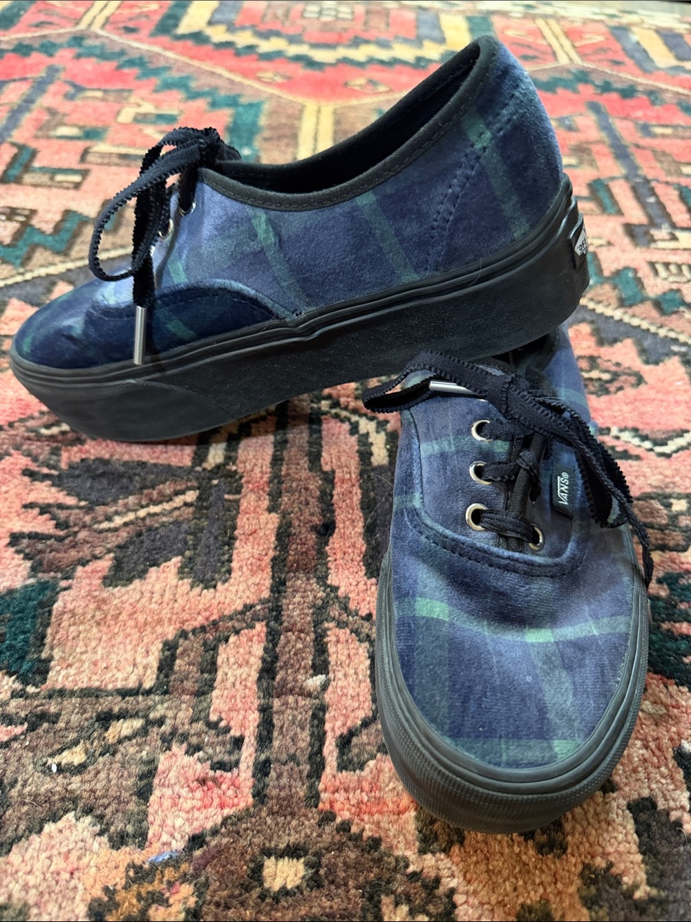 Vans Navy Green Plaid Authentic Platform Sneakers, EUC SIZE men’s 6/wm 7.5